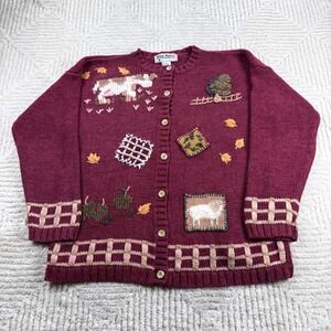 Gina Peters Cardigan Women's Medium Cottagecore Farm Sheep Cow Vintage Sweater